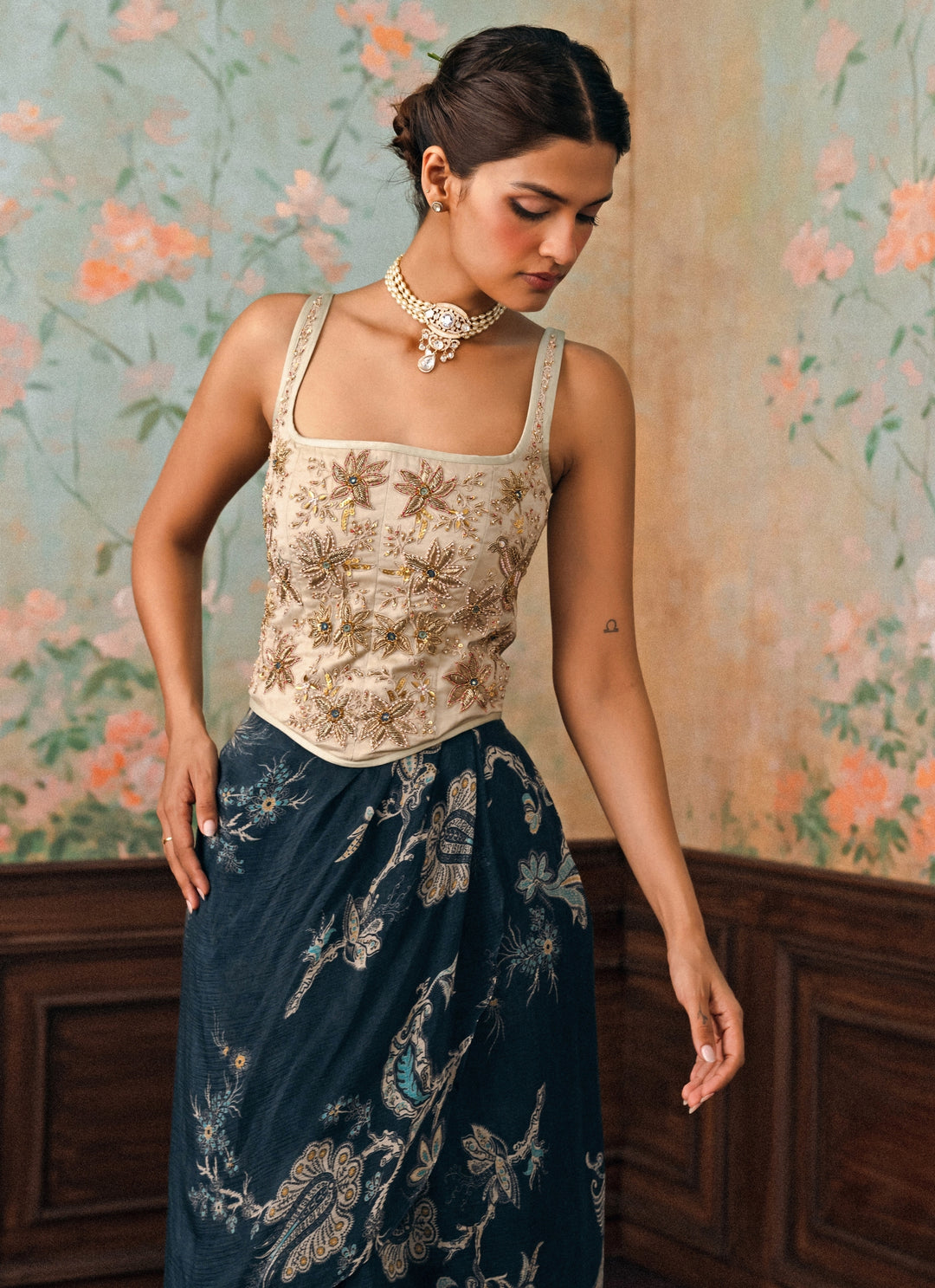 Ivory And Blue Printed Crush Skirt Set With Corset