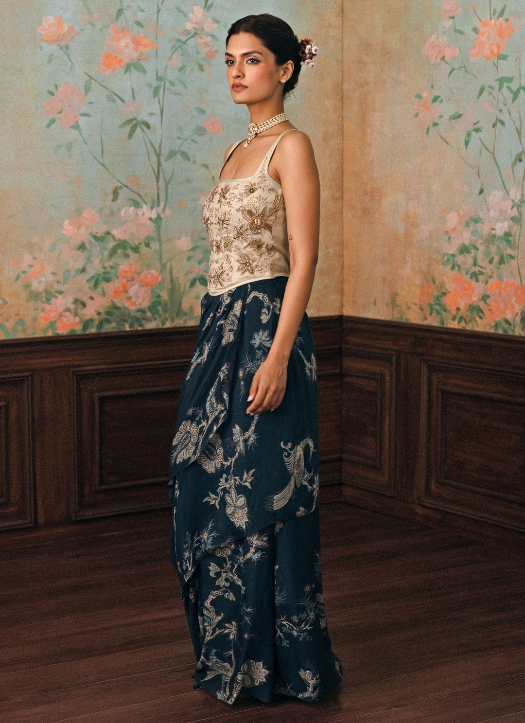Ivory And Blue Printed Crush Skirt Set With Corset