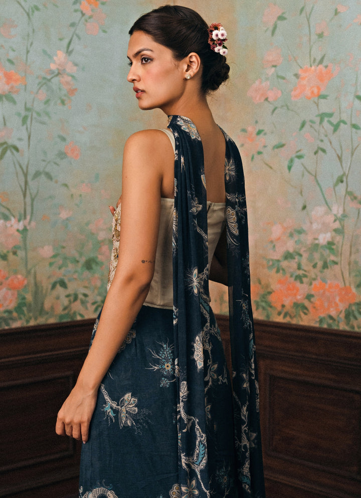Ivory And Blue Printed Crush Skirt Set With Corset