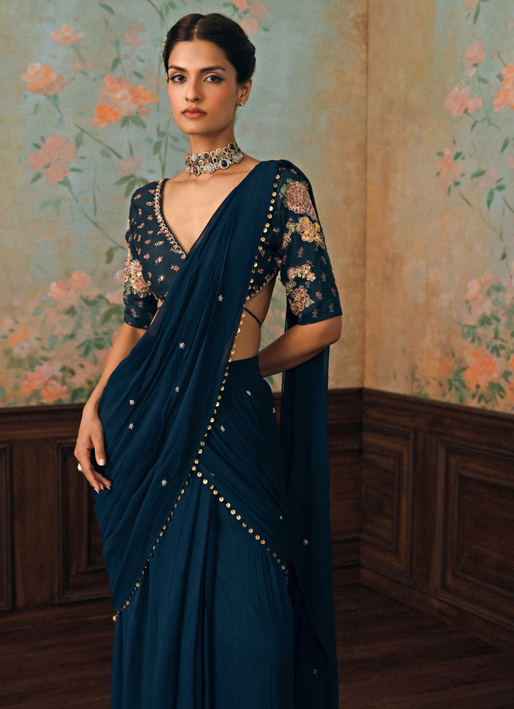 Blue Georgette Pre-Draped Saree Set