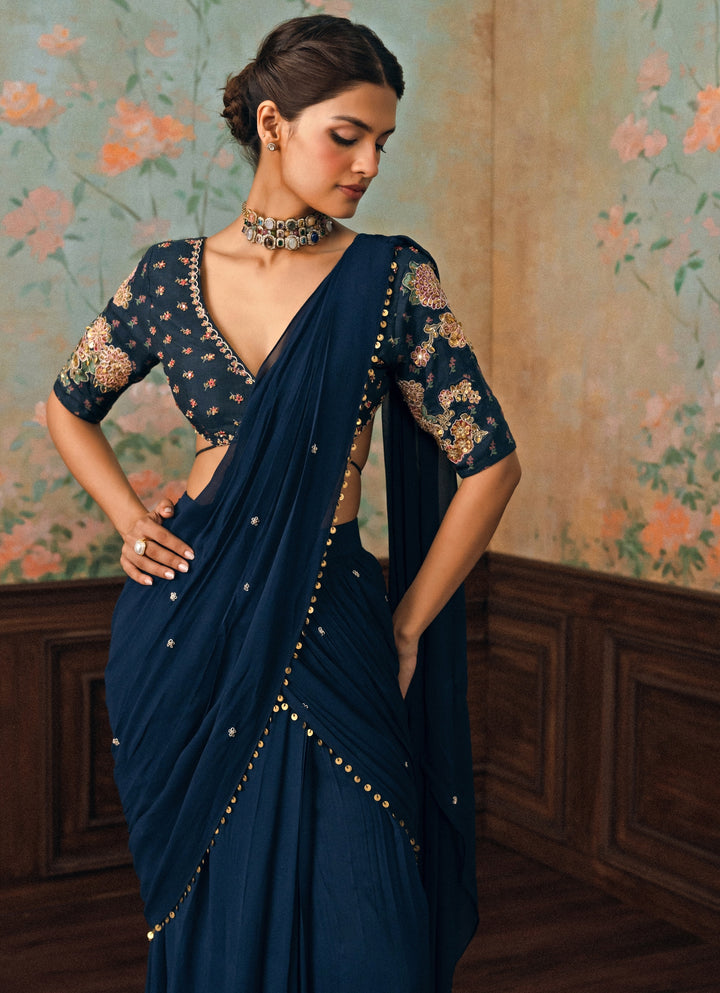 Blue Georgette Pre-Draped Saree Set
