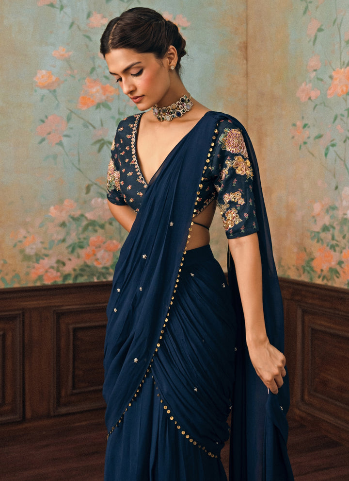 Blue Georgette Pre-Draped Saree Set