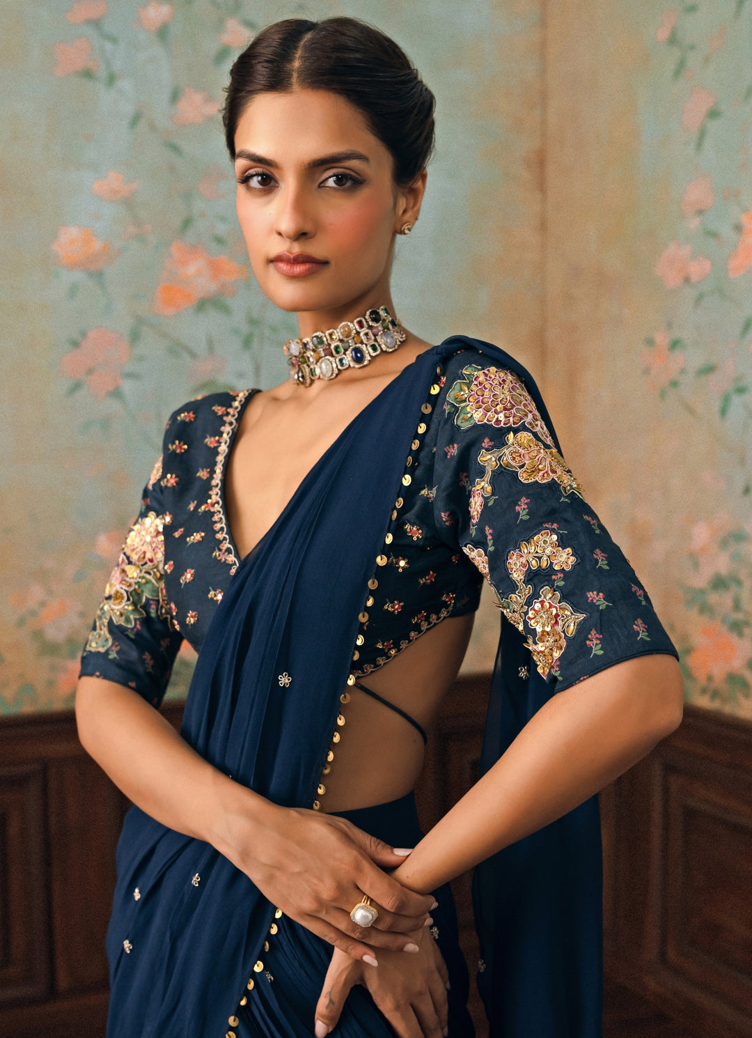 Blue Georgette Pre-Draped Saree Set