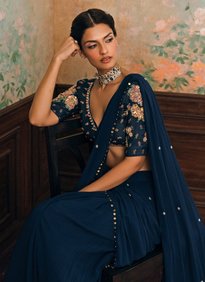 Blue Georgette Pre-Draped Saree Set