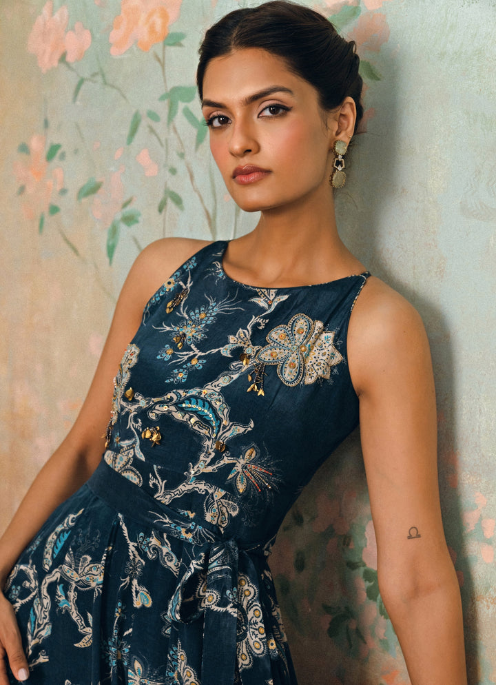 Blue Printed Crepe Jumpsuit With Belt