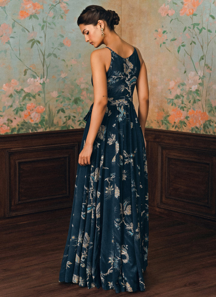 Blue Printed Crepe Jumpsuit With Belt