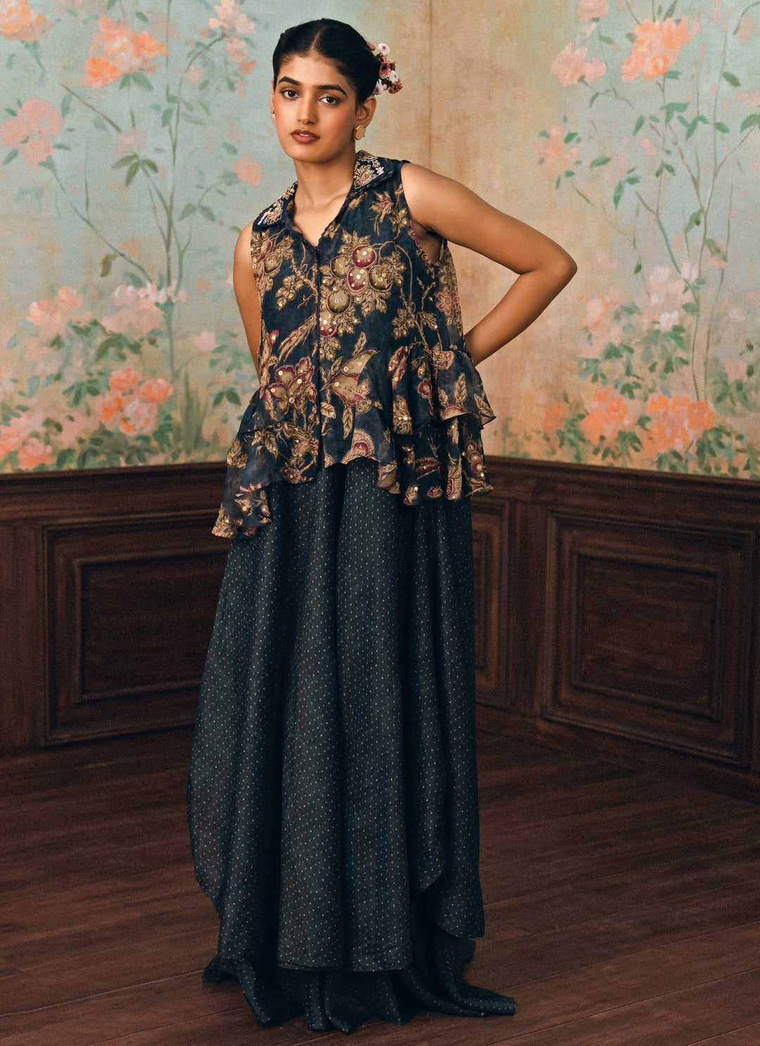 Blue Printed Organza Peplum Kurta Pants Set