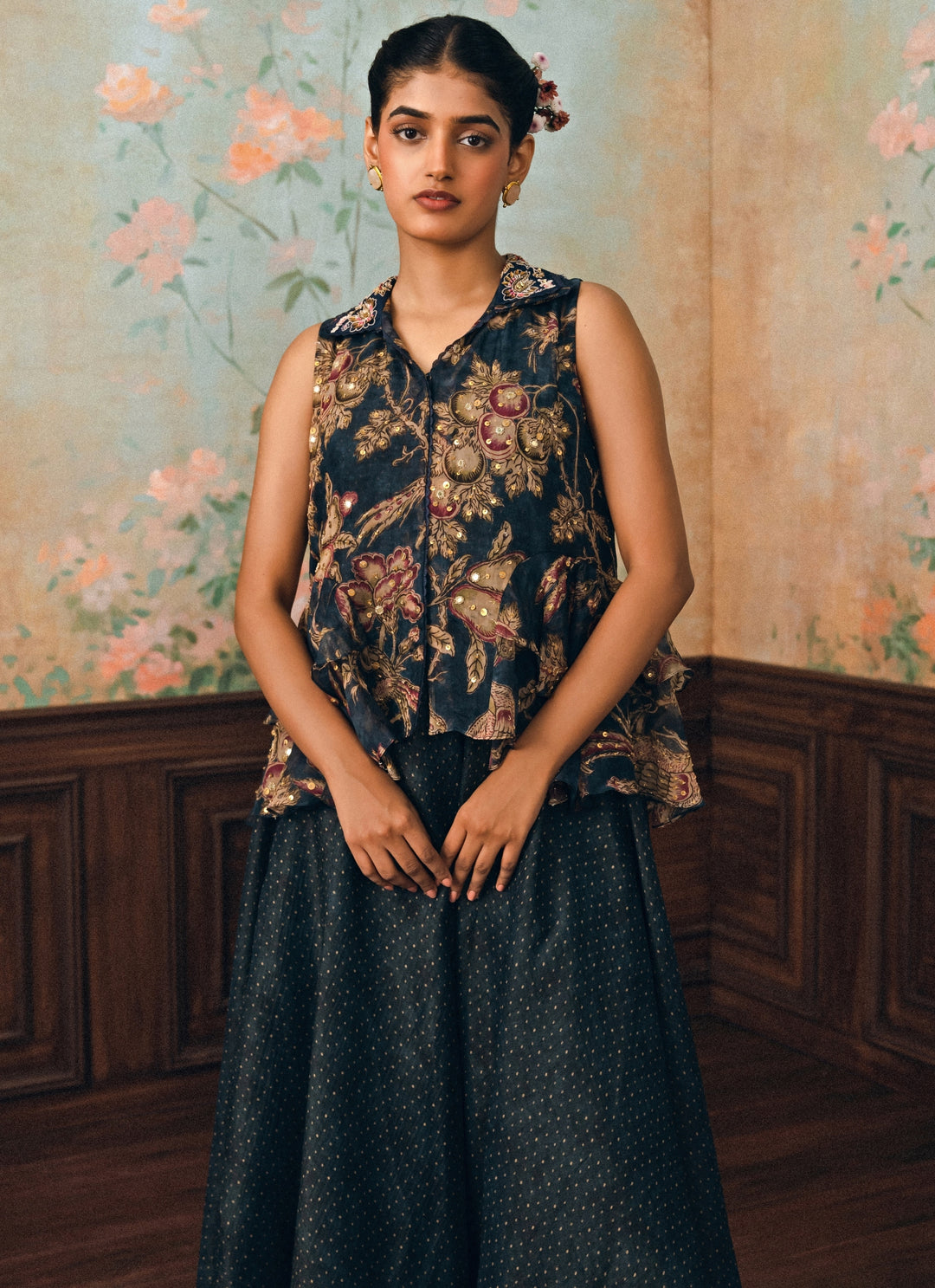 Blue Printed Organza Peplum Kurta Pants Set