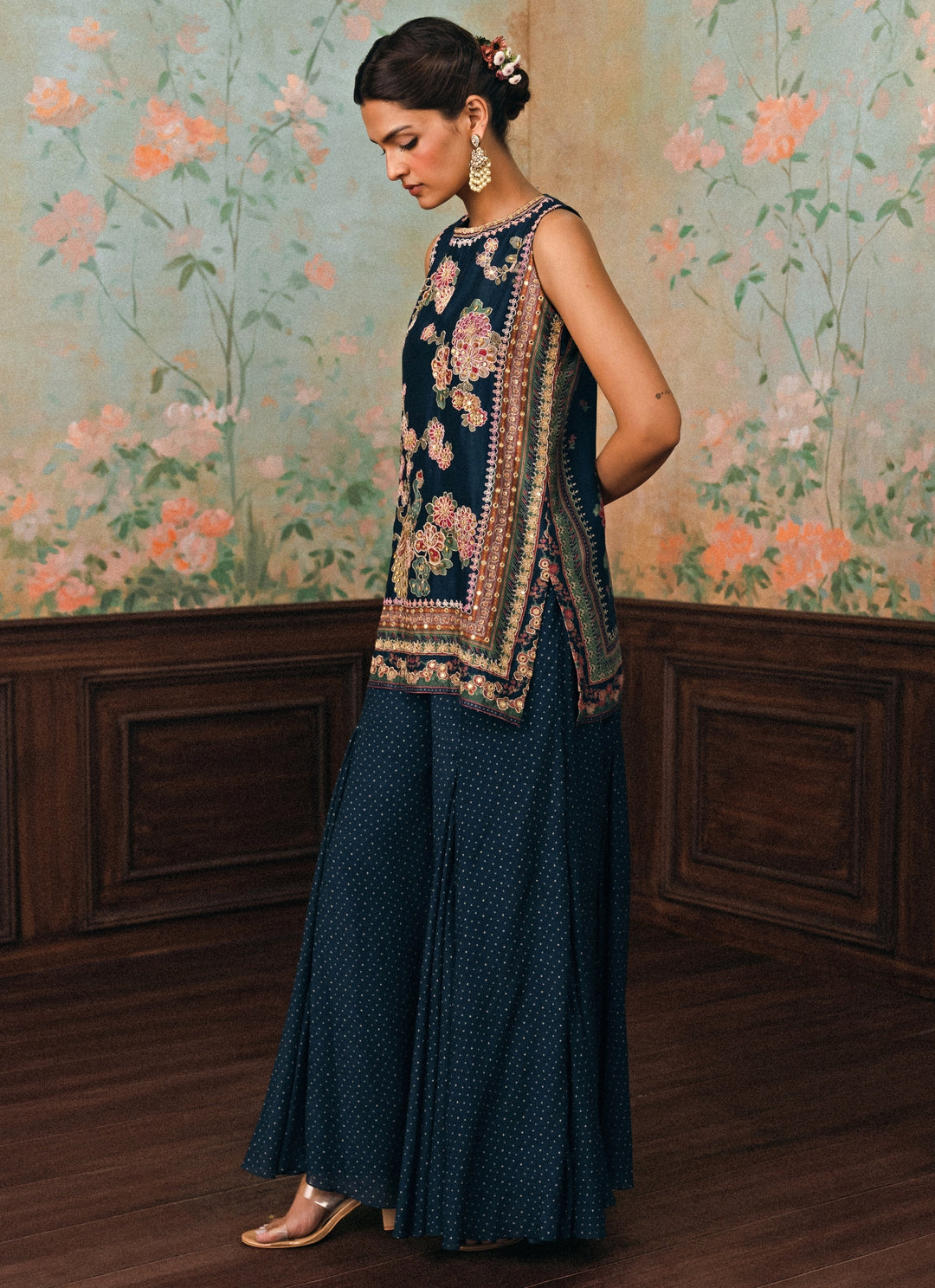 Blue Printed Silk Kurta Palazzo Set