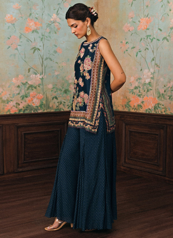 Blue Printed Silk Kurta Palazzo Set