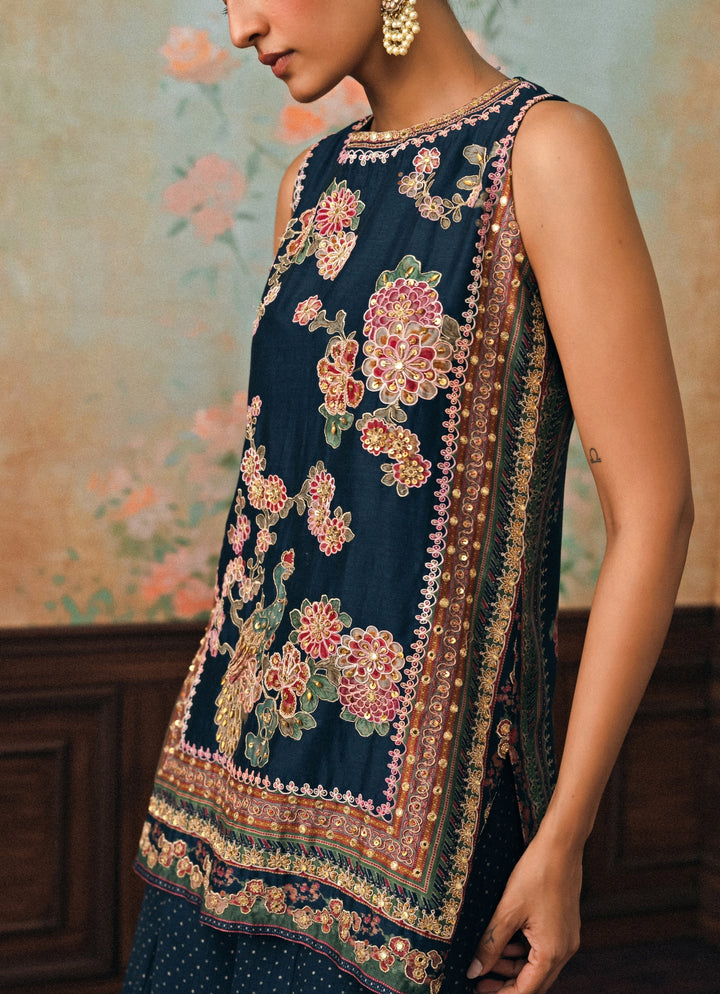 Blue Printed Silk Kurta Palazzo Set