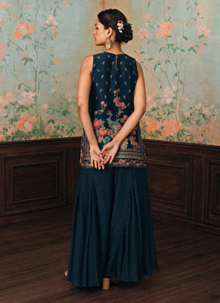 Blue Printed Silk Kurta Palazzo Set