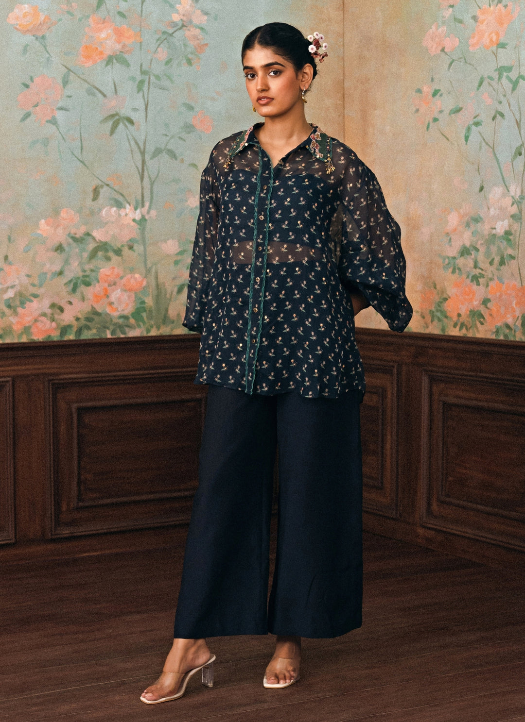 Blue Printed Organza Shirt