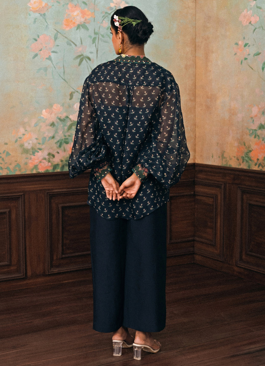 Blue Printed Organza Shirt