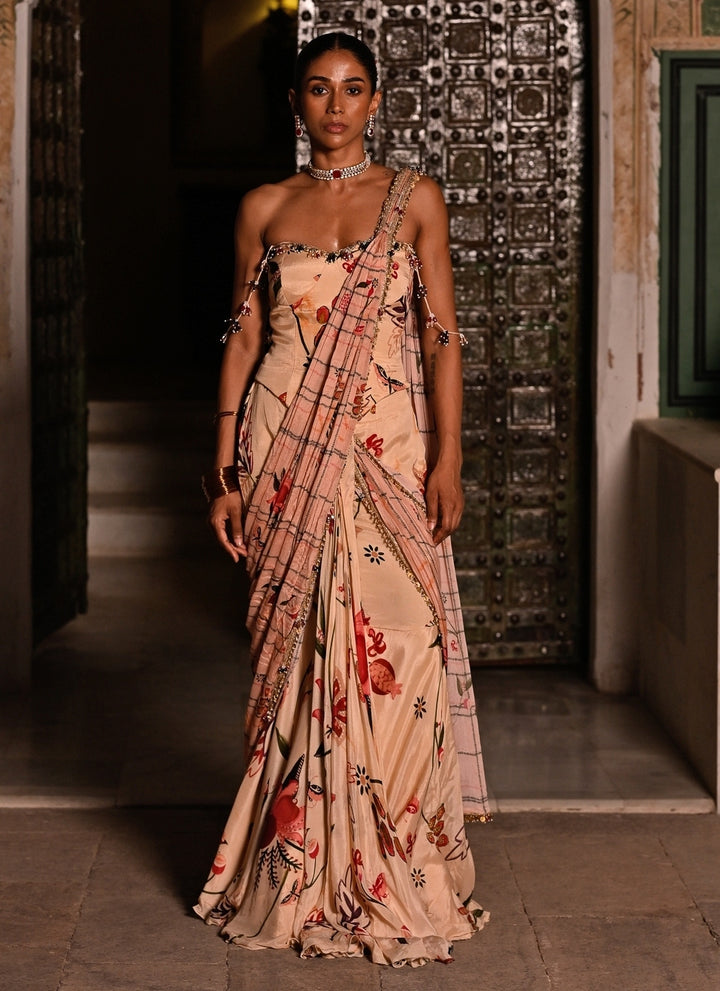 Beige Pink Printed Chinon Pre-Draped Saree With Corset