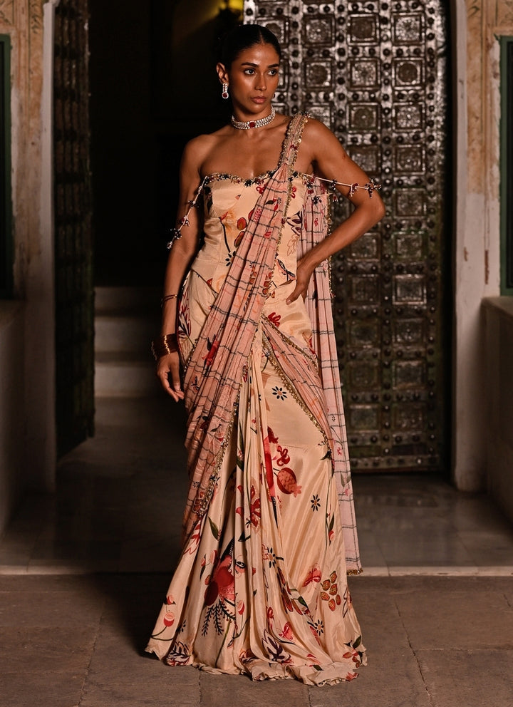 Beige Pink Printed Chinon Pre-Draped Saree With Corset