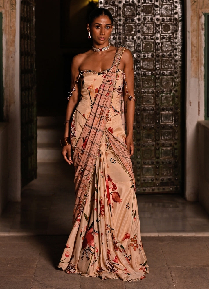 Beige Pink Printed Chinon Pre-Draped Saree With Corset