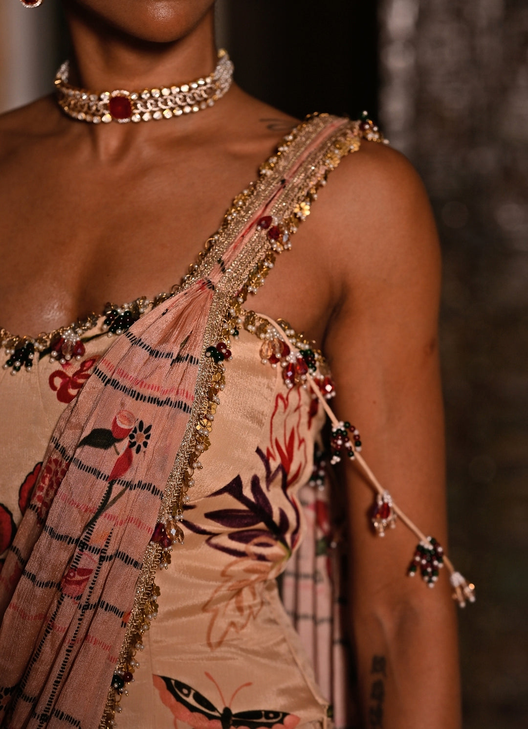 Beige Pink Printed Chinon Pre-Draped Saree With Corset
