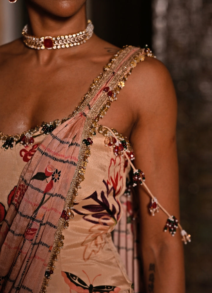 Beige Pink Printed Chinon Pre-Draped Saree With Corset