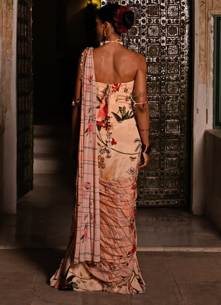 Beige Pink Printed Chinon Pre-Draped Saree With Corset