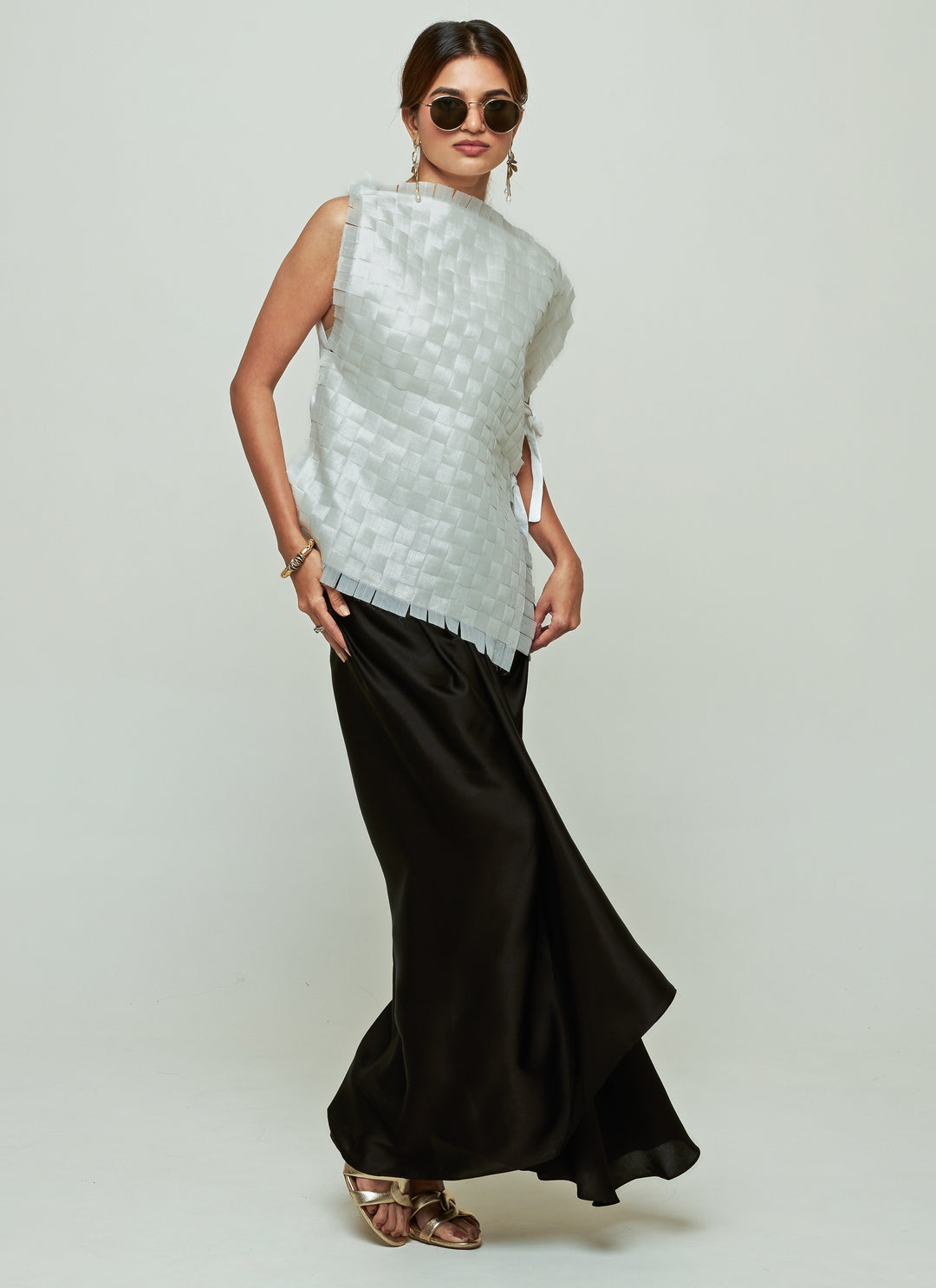 Ivory Asymmetric Organza Top With Black Draped Skirt Set