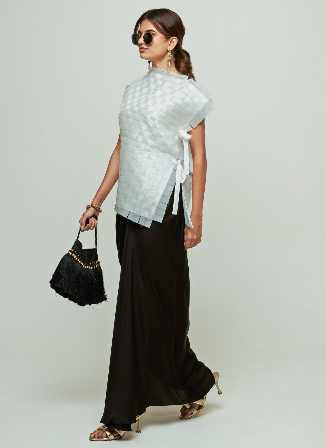 Ivory Asymmetric Organza Top With Black Draped Skirt Set