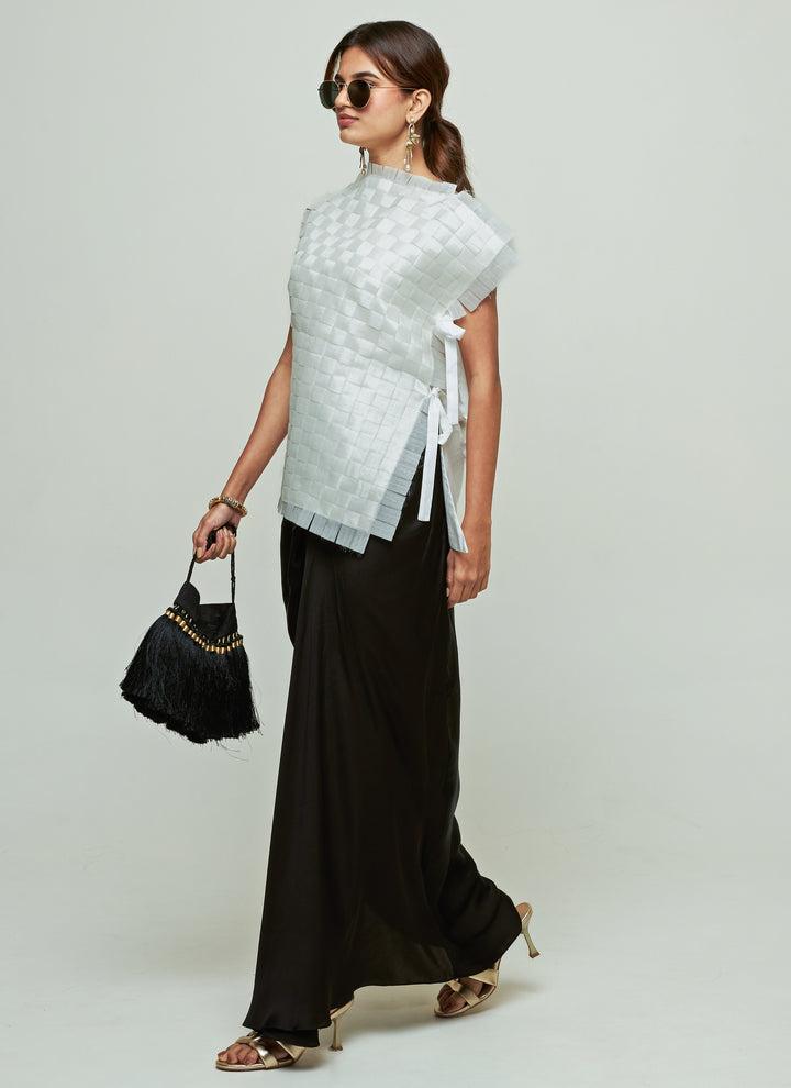 Ivory Asymmetric Organza Top With Black Draped Skirt Set
