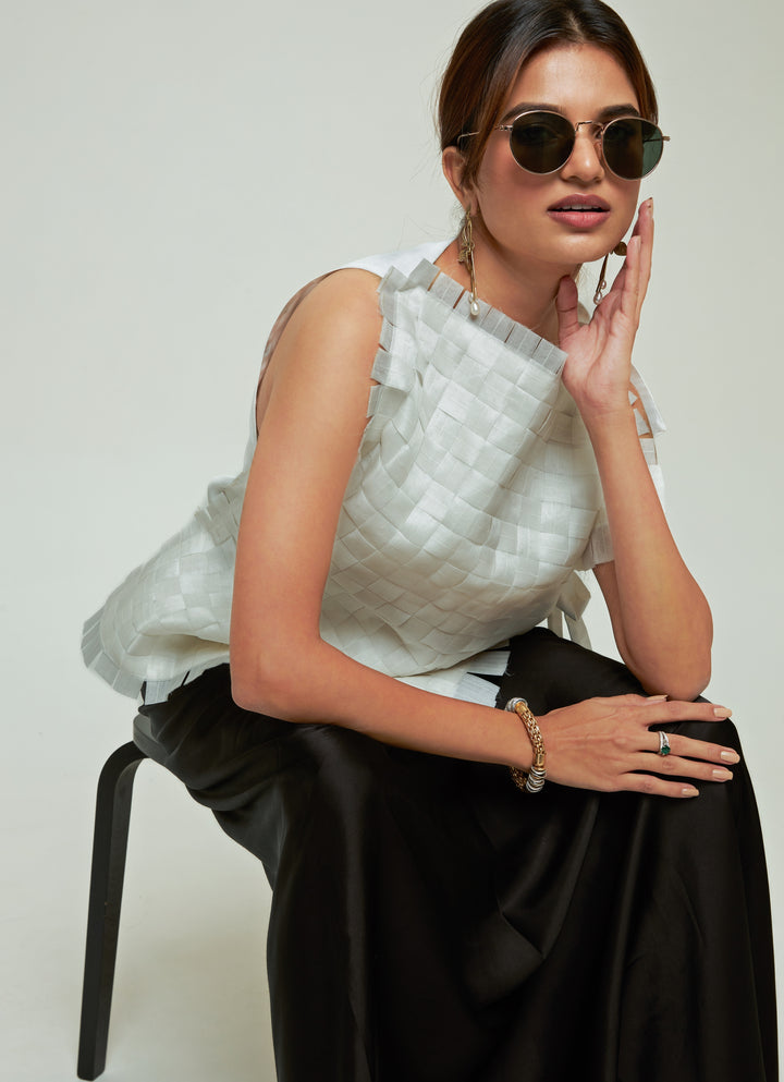 Ivory Asymmetric Organza Top With Black Draped Skirt Set