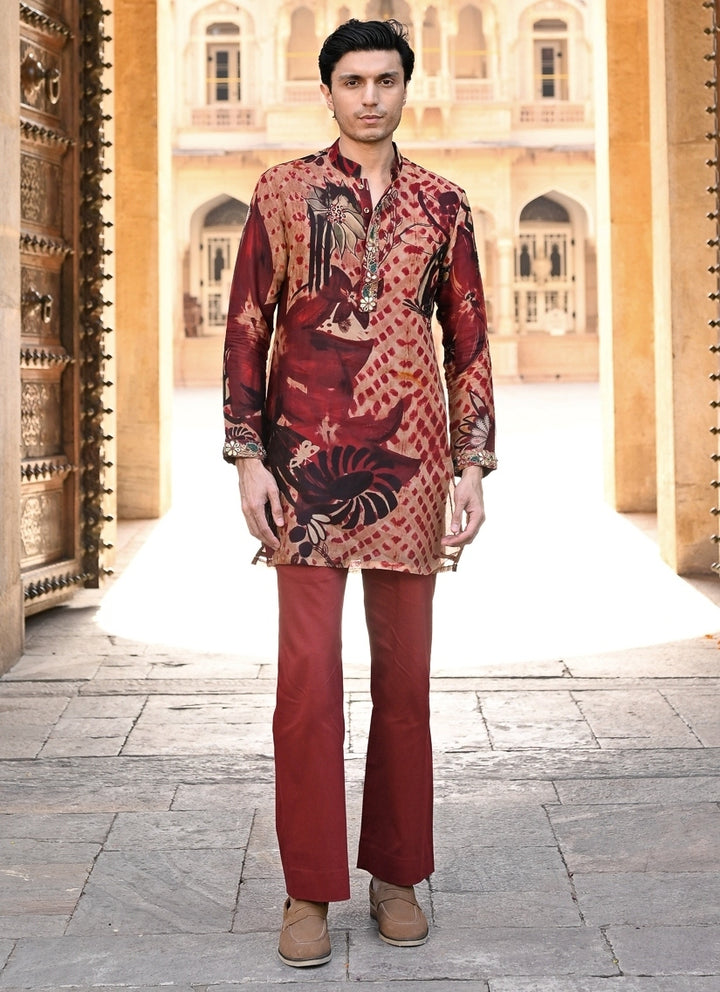 Maroon Red Printed Organza Kurta