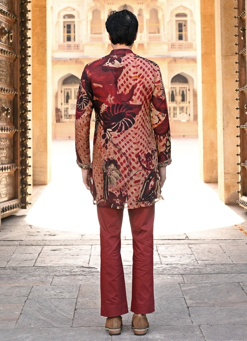 Maroon Red Printed Organza Kurta