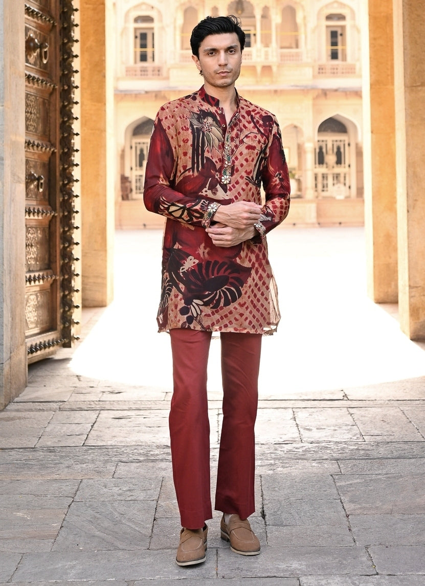 Maroon Red Printed Organza Kurta Pants Set