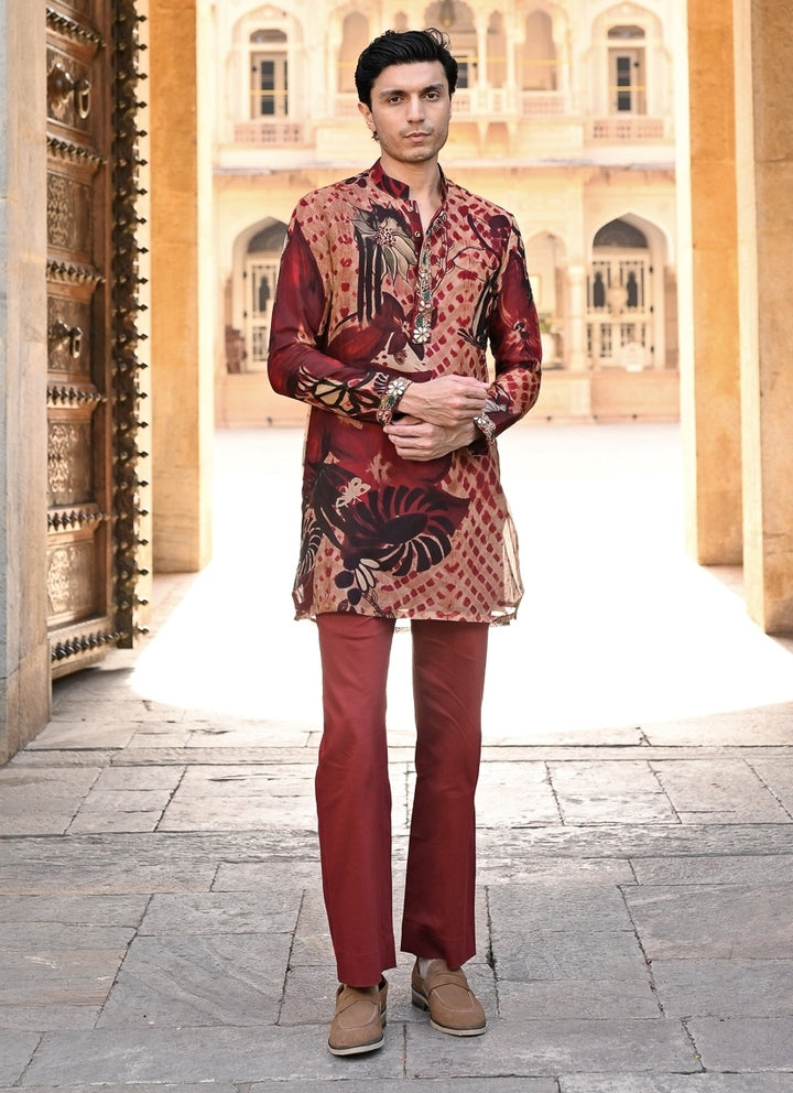 Maroon Red Printed Organza Kurta Pants Set