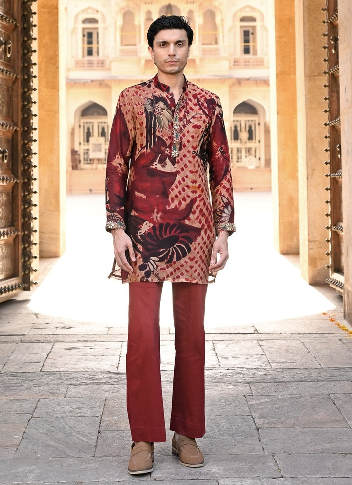 Maroon Red Printed Organza Kurta Pants Set