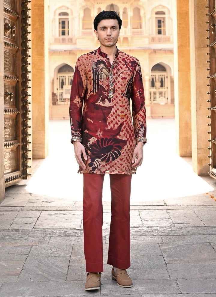 Maroon Red Printed Organza Kurta Pants Set