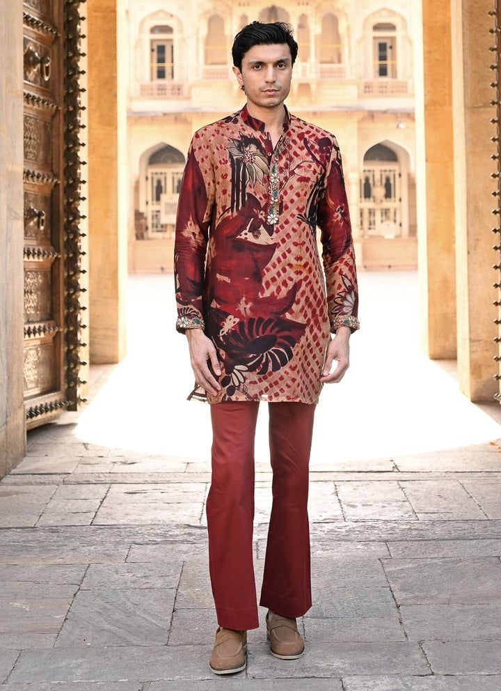 Maroon Red Printed Organza Kurta Pants Set