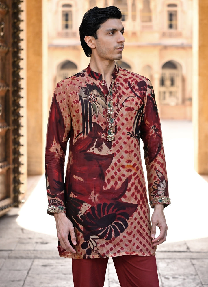 Maroon Red Printed Organza Kurta
