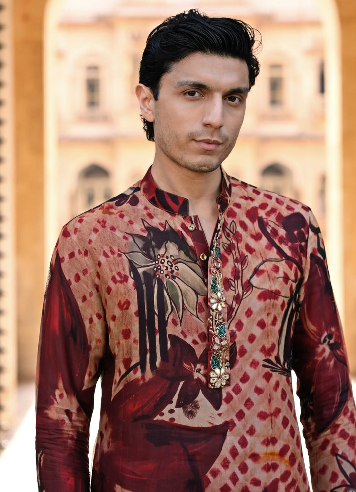 Maroon Red Printed Organza Kurta