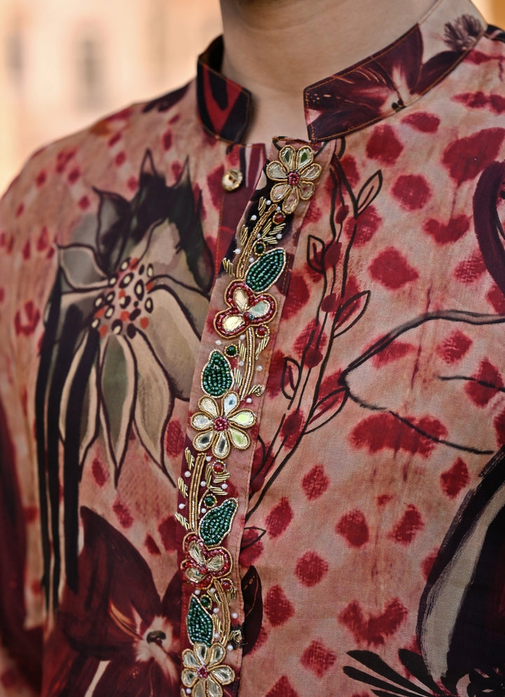 Maroon Red Printed Organza Kurta