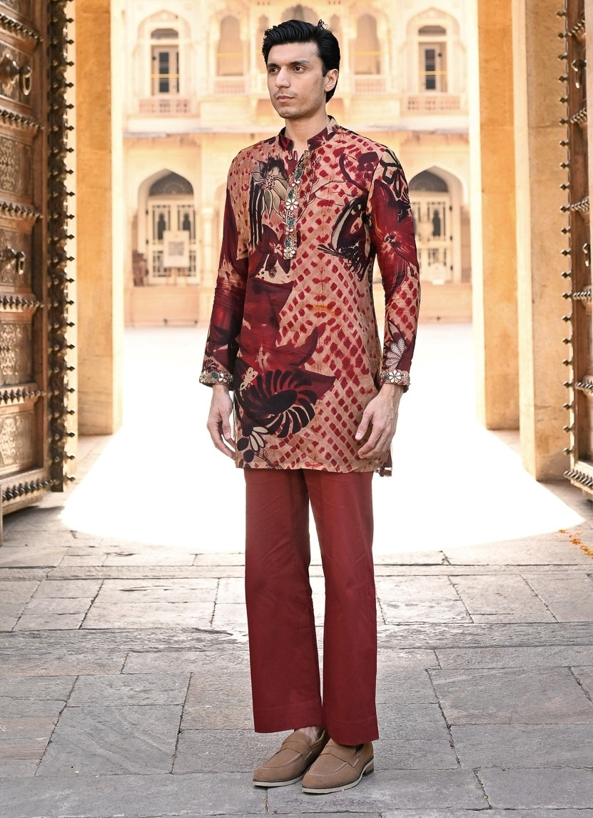 Maroon Red Printed Organza Kurta Pants Set