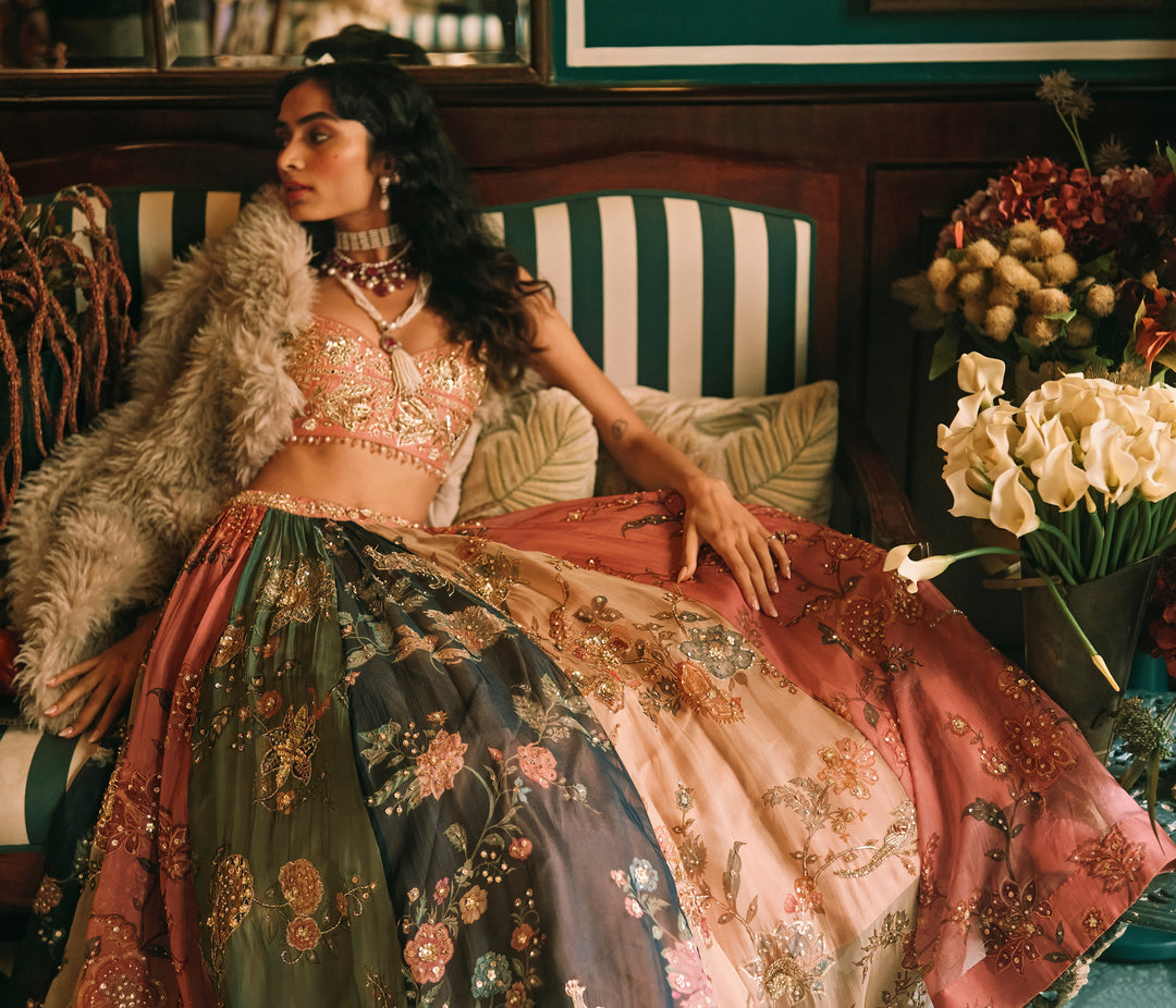 Multicolour Printed Organza Lehenga Set