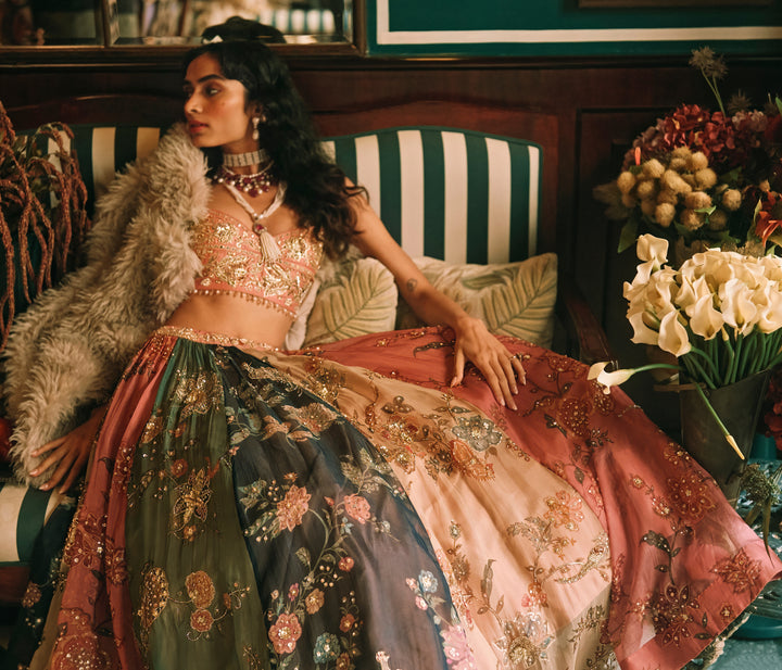 Multicolour Printed Organza Lehenga Set