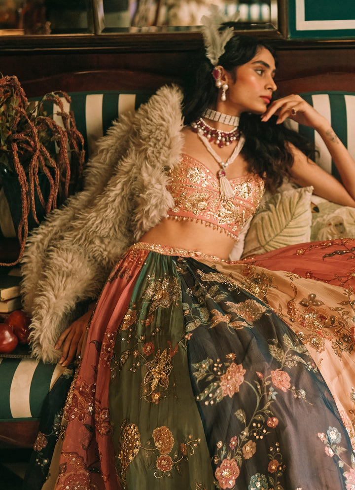 Multicolour Printed Organza Lehenga Set