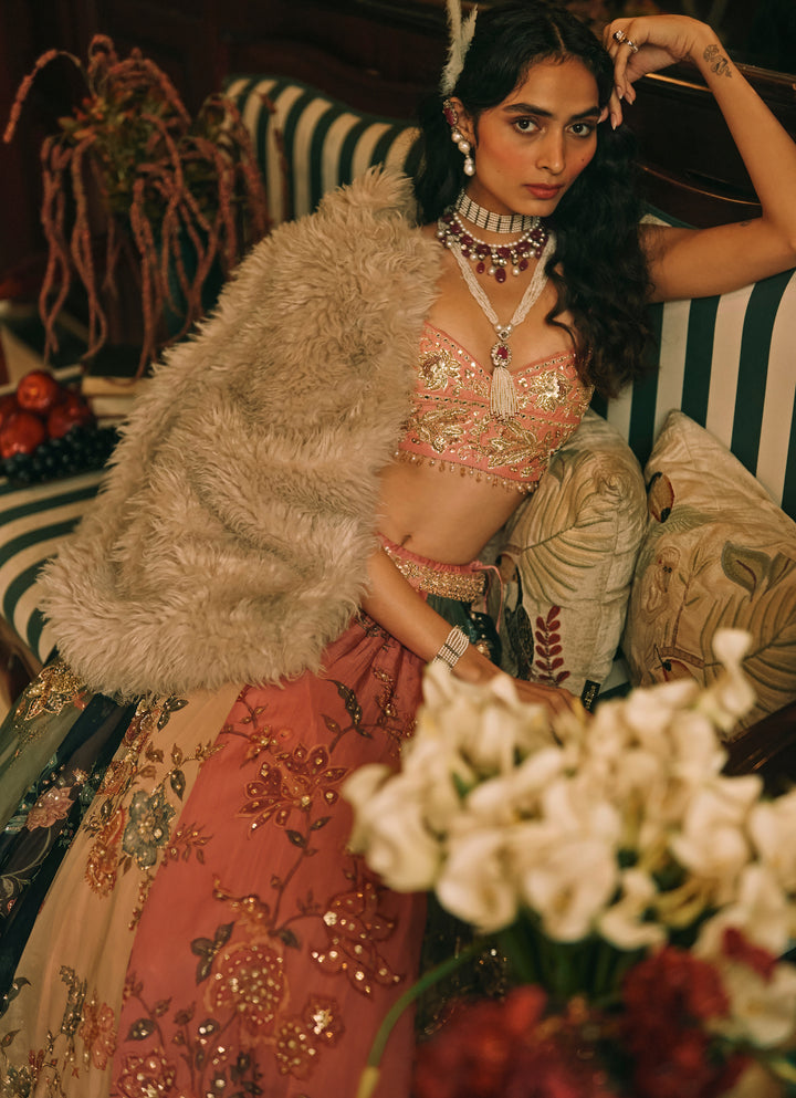 Multicolour Printed Organza Lehenga Set