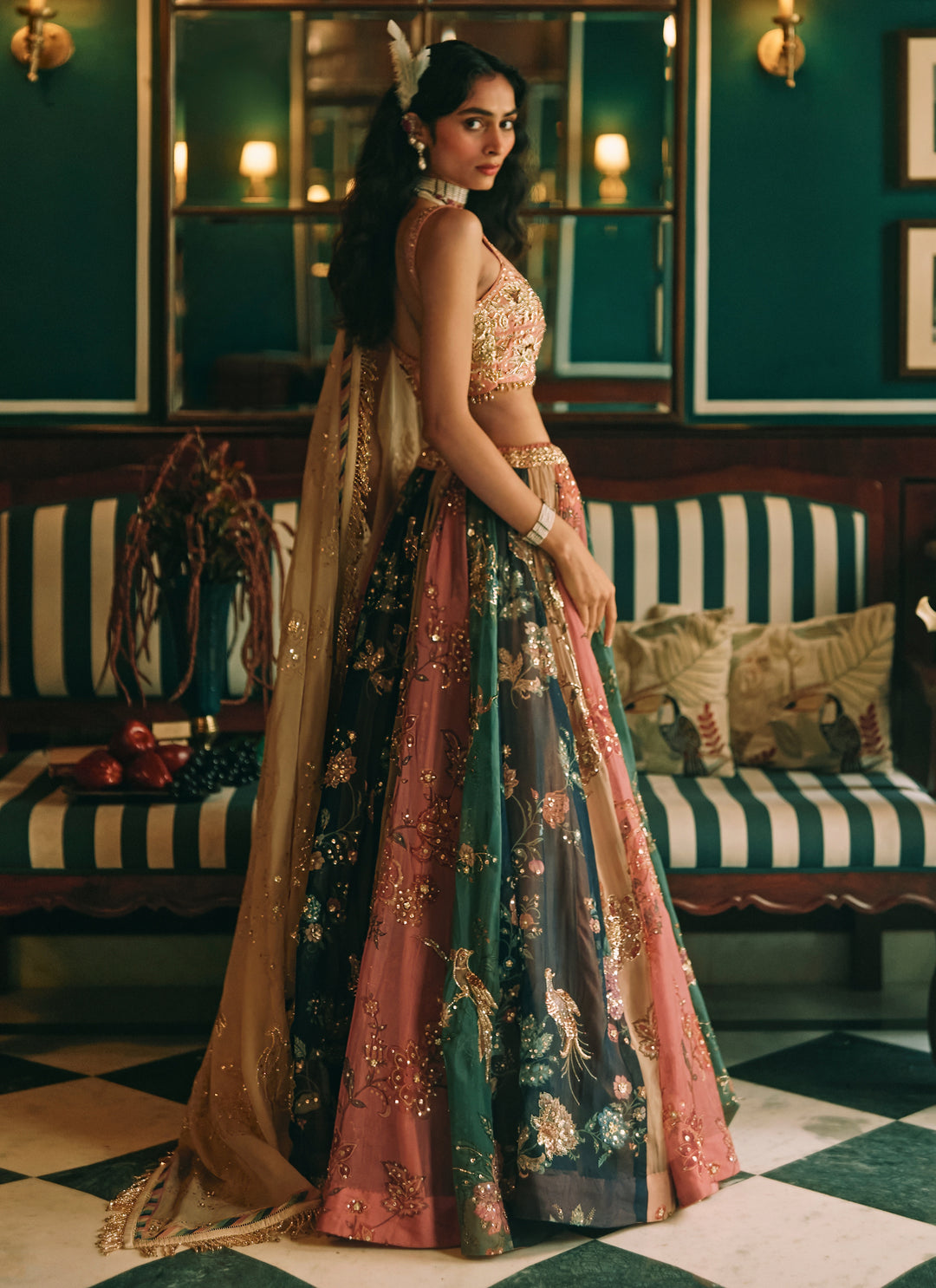Multicolour Printed Organza Lehenga Set