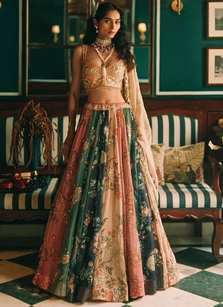 Multicolour Printed Organza Lehenga Set