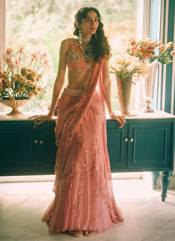 Salmon Pink Printed Chiffon Pre-Draped Saree