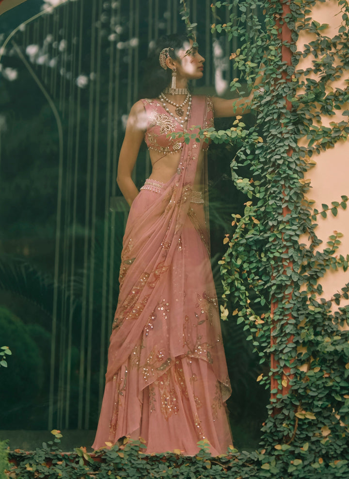 Salmon Pink Printed Chiffon Pre-Draped Saree