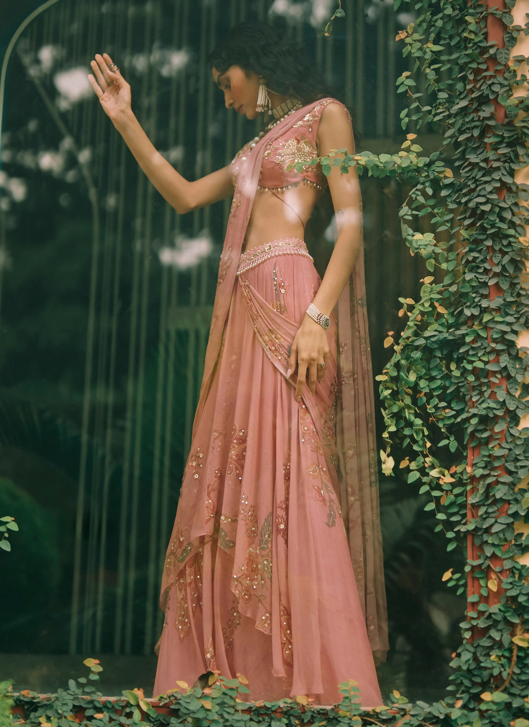 Salmon Pink Printed Chiffon Pre-Draped Saree