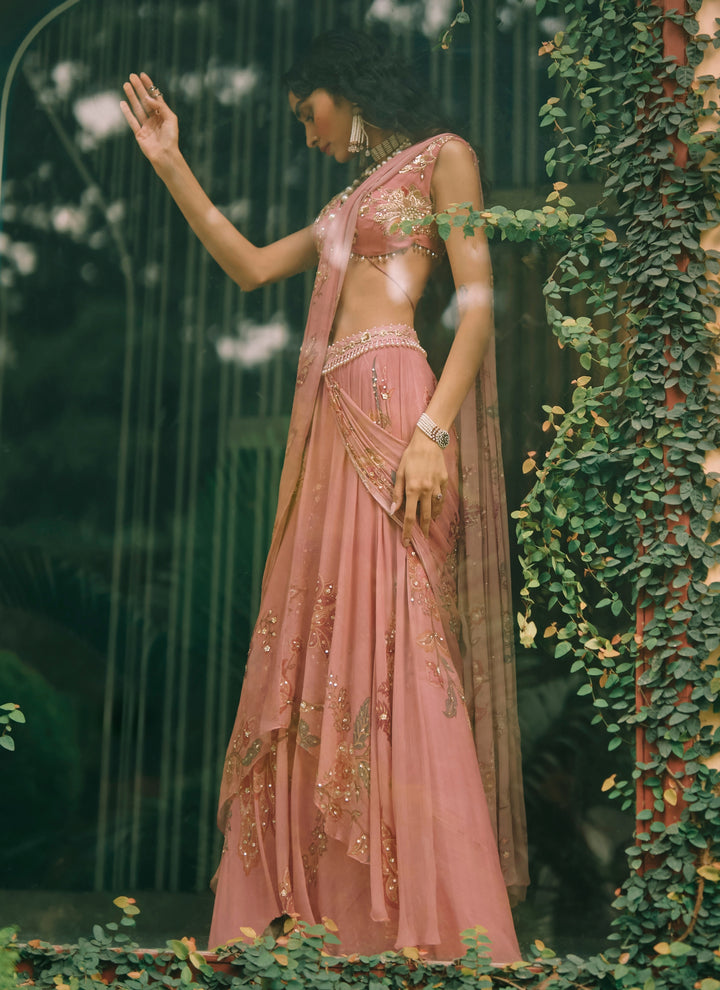 Salmon Pink Printed Chiffon Pre-Draped Saree