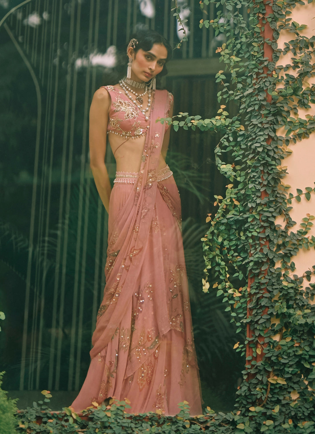 Salmon Pink Printed Chiffon Pre-Draped Saree